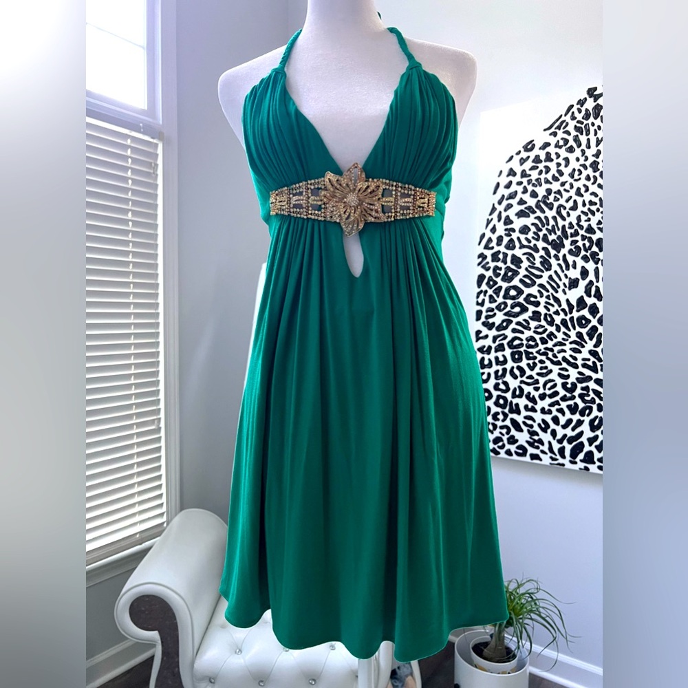 Sky emerald green cocktail party dress with gold floral rhinestone accent